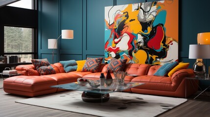 Explore the interior design of a colorful living room with a pop art-style colorful corner sofa in...