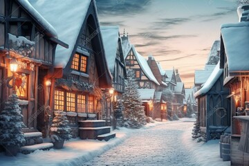 Scenic winter landscape of a historic village during the festive Christmas period. Generative AI