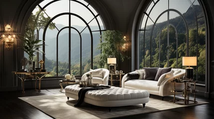 Fotobehang Hollywood regency home interior design of a modern living room in a villa with a cozy luxury tufted curved round sofa and a velvet pouf on black parquet flooring near curtains and an arched window © Newton