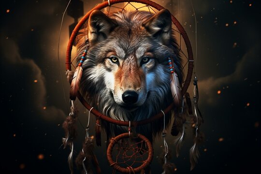 Wolf Trapped In Dreamcatcher. Generative AI