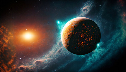 Space galaxy with nebula, milky way, stars, and the sun in an orange-teal design
