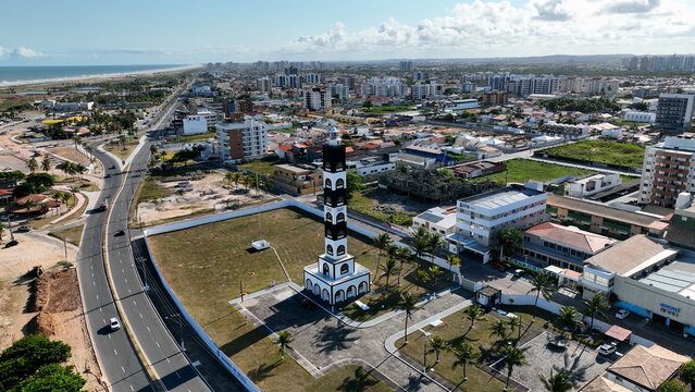 Aracaju Sergipe. Aracaju Brazil. Panning wide cityscape of Atalaia Edge at Aracaju capital city of Sergipe at Brazil. Travel destination. Tropical scenery. Brazil Northeast. Downtown aerial cityscape