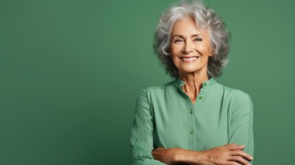 Elderly Caucasian Woman Radiating Confidence in a Studio Shoot, Against a Refreshing Green Background with Copy Space- generative AI, fiction Person