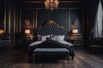 Spacious dark bedroom with a large opulent bed, modern castle interior, luxurious ambiance. Generative AI