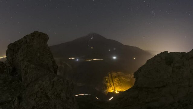 The rotation of the stars and sunrise over the damavand mountain