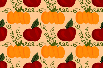 Pumpkin and apple autumn season. Cute and nice vegetables and fruits. Healthy garden food. Trendy, stylish, fashionable, seamless vector pattern for design and decoration.