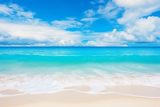 A scenic beach with white sand, turquoise ocean water, blue sky, and clouds on a sunny day. Panoramic view, natural background for summer vacation. Generative AI