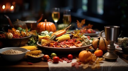 Fototapeta premium Thanksgiving, expressions of gratitude and appreciation, to God to the mother family for material prosperity and kind treatment, common and universal, pumpkin duck, festive dinner.