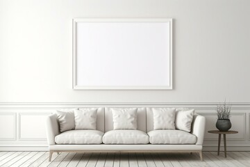Empty frame in white living room. Design template. Placeholder. Generative AI