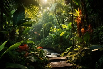 Vibrant tropical jungle during summertime. Generative AI