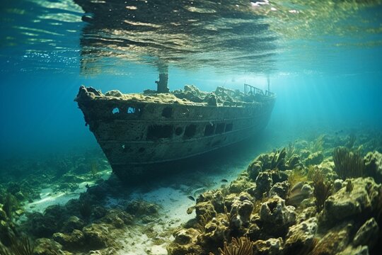 An old shipwreck rests underwater in Key West. Generative AI