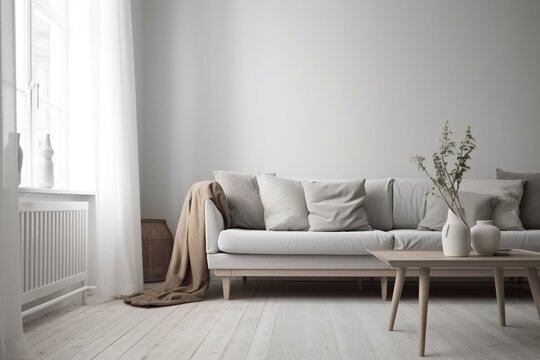 Scandinavian style interior with sofa and trendy vase, home staging and minimalism concep. Generative AI
