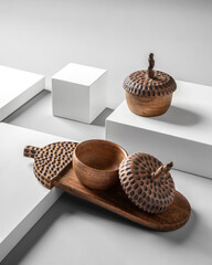 Wooden dishes in a bright and minimal space