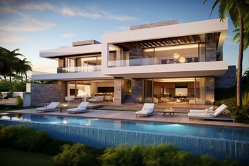 Contemporary upscale villa with pool and ocean vista. Generative AI