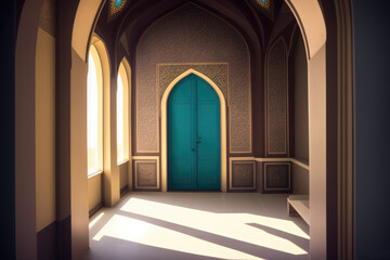 Fototapeta premium Mosque and shadows. Light rays from mosque window or door. Prayer's vision, generative ai. Muslim art.