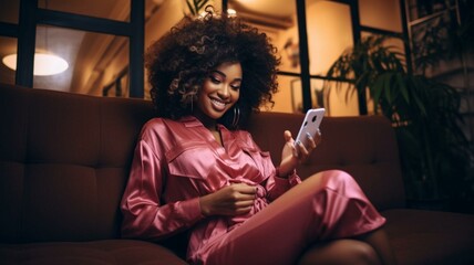 woman sitting on sofa at home with a mobile phone - obrazy, fototapety, plakaty