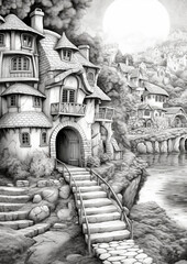 illustration, drawing, hobbit houses, fantasy, coloring, print