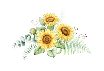 Floral bouquet of sunflowers with green leaves.