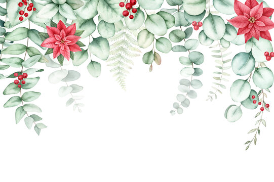 Christmas floral border with poinsettia,holly berries,green leaves.