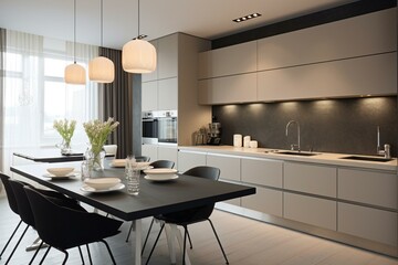 Sophisticated modern kitchen with a stylish color scheme of white, beige, and grey. Generative AI