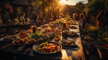 A rustic long table outdoors sunset, feast, with dishes from local produce, heart of a family friends gathering. The laughter, toasts, and shared moments are accentuated by the sun's golden embrace.