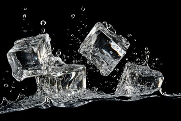 Water splashes around three ice cubes on a black background with reflections of ice on water and cubes on ground. Generative AI