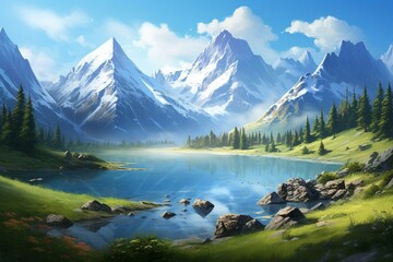 Beautiful artwork of a serene natural landscape featuring a lake and majestic mountains. Generative AI