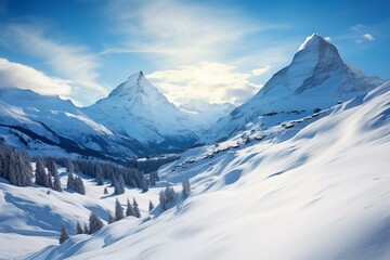Winter landscape in the Swiss Alps with snow, sun, and majestic mountains in Europe. Generative AI