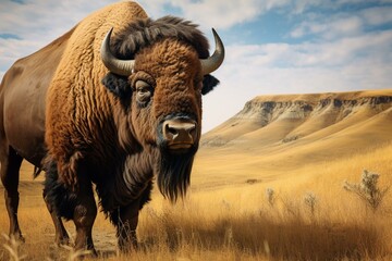 A large bison in North Dakota's badlands, located in Theodore Roosevelt National Park. Generative AI - obrazy, fototapety, plakaty