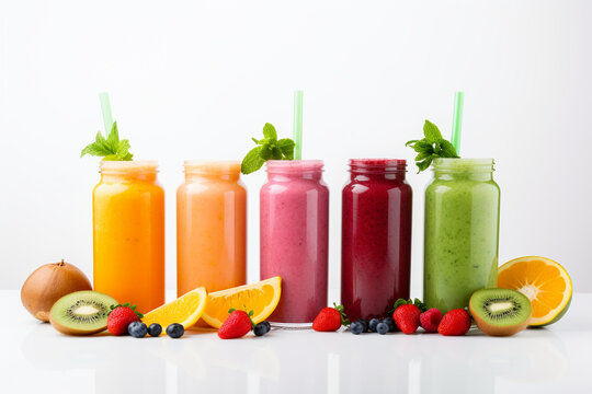 Freshly pressed fruit juice smoothie with fruits, assorts, Generative AI