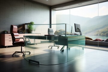 Office panorama with glass table and computer. Generative AI