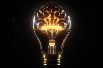 Glowing brain inside a conceptual light bulb represents the power of idea generation, inspiration, and cognitive insight, highlighting the importance of mental fitness and wellness. AI Generative.