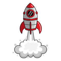 Cartoon space rocket launch. Spacecraft takes off. Vector illustration of space ship taking off. Isolated cartoon spaceship on white background. Colored clipart on a cosmos theme.