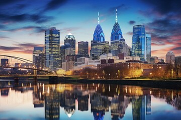 City skyline of downtown Philadelphia, Pennsylvania, USA. Generative AI - obrazy, fototapety, plakaty