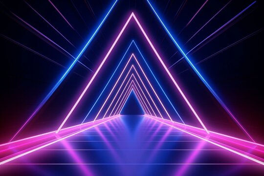 Abstract 3D tunnel with neon light rods, pink and blue lines, triangular corridor, ultraviolet background, laser show stage, fashion podium, road. Generative AI © Octavia