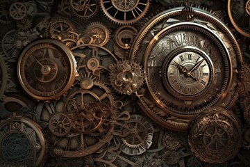 Background with clocks and wheels in an industrial and steampunk style. Generative AI