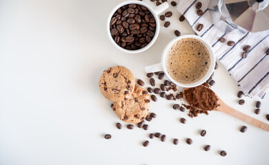 Coffee set of espresso boiler with grounded and beans of coffee on white background