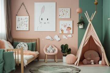 A poster frame is displayed in a room dedicated to children, with lively decor and elements suited for kids. Generative AI