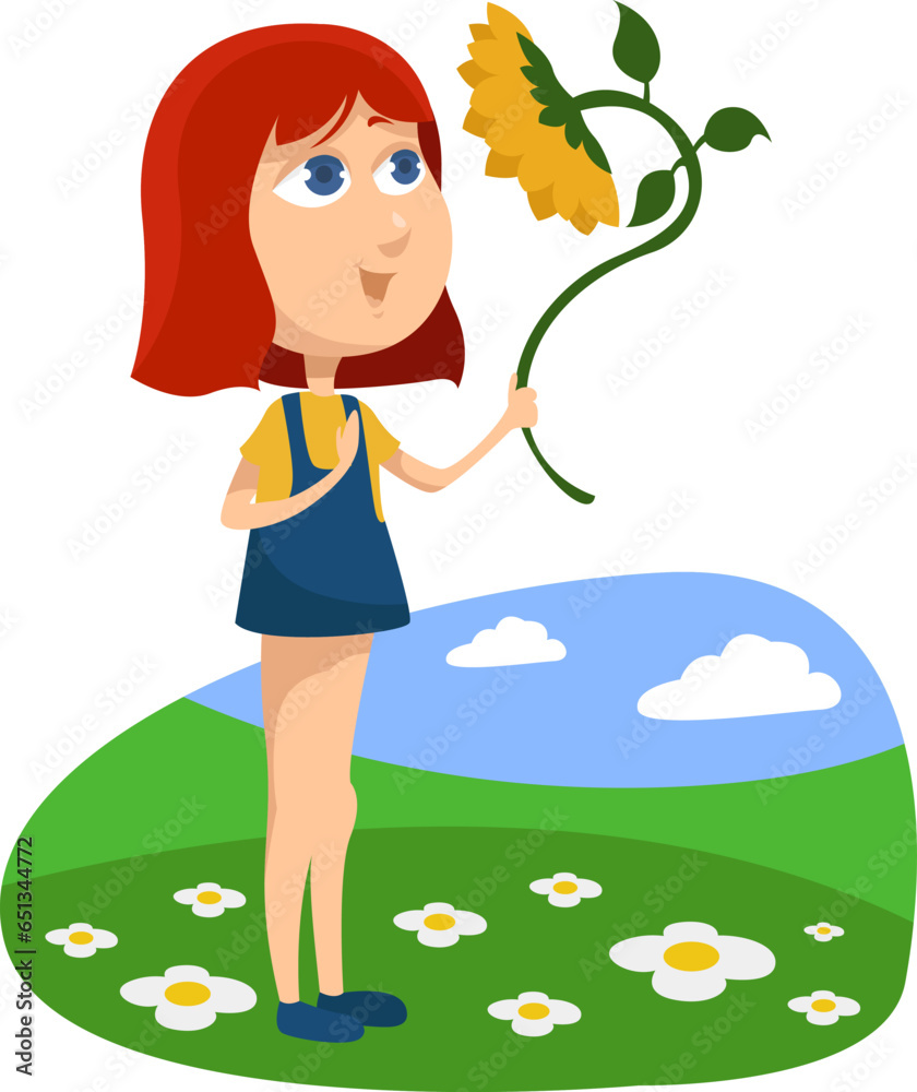 Poster Girl with sunflower, illustration, vector on a white background.