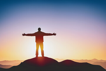 The silhouette of a man at sunrise and the moment when he spreads his hands and celebrates his success at the top. Motivational image.