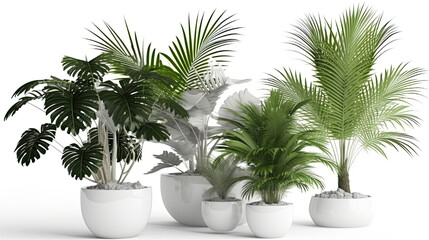 Obraz premium Illustration of a row of tropical houseplants in ceramic containers generative AI 