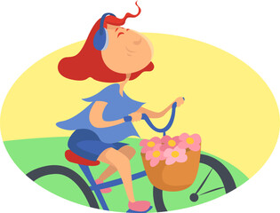 Girl riding bicycle, illustration, vector on a white background.