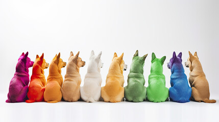 Line of Rainbow Dogs on White Background Generative AI