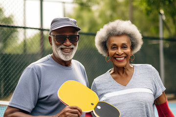 Pickleball couple active lifestyle on outdoor court generative AI