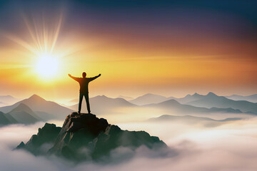 Sunrise view from the top of a rocky mountain with clouds and a man at the top celebrating his success.