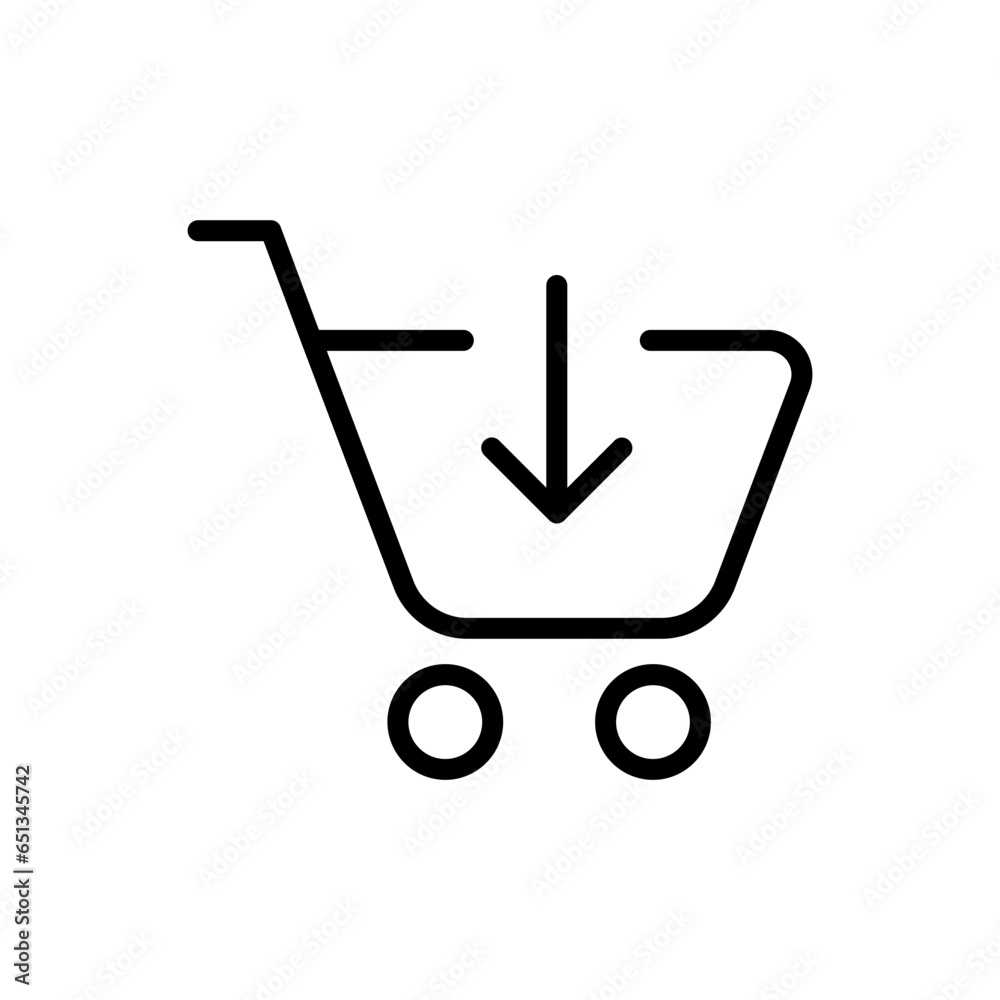 Poster add to shopping cart icon, shop basket symbol with arrow down icon symbol . line outline