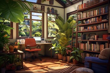 vibrant principal's room with work area, plants, books, seating, book storage, and computer. Generative AI