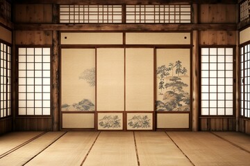 Frontal view of traditional Japanese shōji as blank background for Japanese themes. Paper walls in wooden frames allow daylight into interior. Generative AI