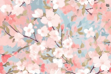 Abstract floral seamless pattern. Bright colors, painting on a light background. Cherry blossoms. generative ai.