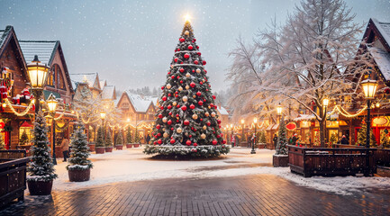 Christmas village, snowy santa village with a big Christmas tree and pine trees, xmas decorations,...